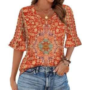 imageZeagoo Womens Tops Casual V Neck Shirts Floral Solid Blouse Ruffle Tunics 34 Sleeve Tshirt SXXLMz811