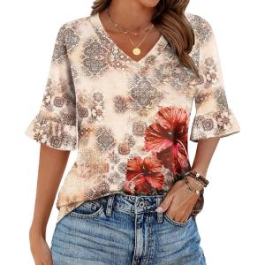 imageZeagoo Womens Tops Casual V Neck Shirts Floral Solid Blouse Ruffle Tunics 34 Sleeve Tshirt SXXLPa275