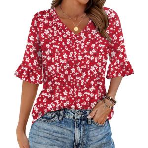 imageZeagoo Womens Tops Casual V Neck Shirts Floral Solid Blouse Ruffle Tunics 34 Sleeve Tshirt SXXLRed Floral