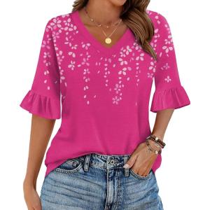 imageZeagoo Womens Tops Casual V Neck Shirts Floral Solid Blouse Ruffle Tunics 34 Sleeve Tshirt SXXLRose Red Floral