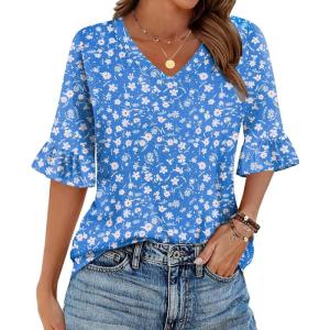 imageZeagoo Womens Tops Casual V Neck Shirts Floral Solid Blouse Ruffle Tunics 34 Sleeve Tshirt SXXLSky Blue Floral