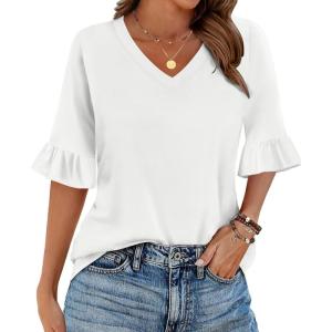 imageZeagoo Womens Tops Casual V Neck Shirts Floral Solid Blouse Ruffle Tunics 34 Sleeve Tshirt SXXLWhite