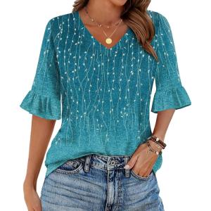 imageZeagoo Womens Tops Casual V Neck Shirts Floral Solid Blouse Ruffle Tunics 34 Sleeve Tshirt SXXLXh363