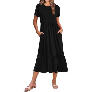 imageZeagoo Women Summer Midi A Line Dress Short Sleeve Casual Flowy Tiered Beach Long Sundress with Pockets 2025 Vacation TravelA03black