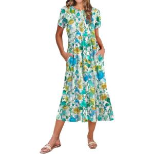 imageZeagoo Women Summer Midi A Line Dress Short Sleeve Casual Flowy Tiered Beach Long Sundress with Pockets 2025 Vacation TravelBlue Brown Floral
