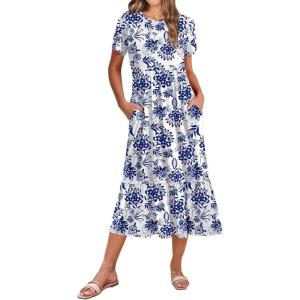imageZeagoo Women Summer Midi A Line Dress Short Sleeve Casual Flowy Tiered Beach Long Sundress with Pockets 2025 Vacation TravelBlue Floral