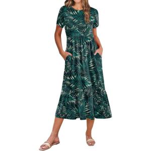 imageZeagoo Women Summer Midi A Line Dress Short Sleeve Casual Flowy Tiered Beach Long Sundress with Pockets 2025 Vacation TravelGreen Leaf