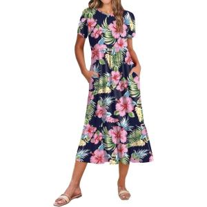 imageZeagoo Women Summer Midi A Line Dress Short Sleeve Casual Flowy Tiered Beach Long Sundress with Pockets 2025 Vacation TravelPink Floral