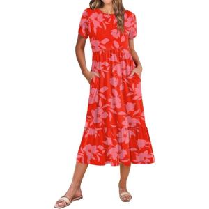 imageZeagoo Women Summer Midi A Line Dress Short Sleeve Casual Flowy Tiered Beach Long Sundress with Pockets 2025 Vacation TravelRed Floral