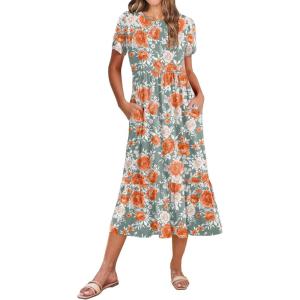 imageZeagoo Women Summer Midi A Line Dress Short Sleeve Casual Flowy Tiered Beach Long Sundress with Pockets 2025 Vacation TravelRed White Floral