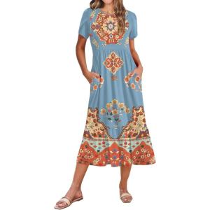 imageZeagoo Women Summer Midi A Line Dress Short Sleeve Casual Flowy Tiered Beach Long Sundress with Pockets 2025 Vacation TravelRetro Style