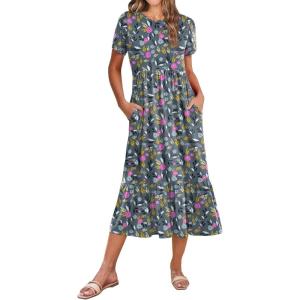 imageZeagoo Women Summer Midi A Line Dress Short Sleeve Casual Flowy Tiered Beach Long Sundress with Pockets 2025 Vacation TravelRose Red Floral