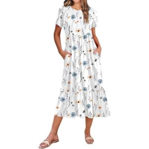 imageZeagoo Women Summer Midi A Line Dress Short Sleeve Casual Flowy Tiered Beach Long Sundress with Pockets 2025 Vacation TravelWhite Floral