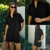 imageZeagoo Women Linen Button Down Shirt Rolled Cuffed Short Sleeve Blouse Ladies Summer Casual V Neck Beach Cotton TopsBblack