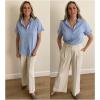 imageZeagoo Women Linen Button Down Shirt Rolled Cuffed Short Sleeve Blouse Ladies Summer Casual V Neck Beach Cotton TopsCsea Blue