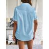 imageZeagoo Women Linen Button Down Shirt Rolled Cuffed Short Sleeve Blouse Ladies Summer Casual V Neck Beach Cotton TopsCsea Blue