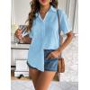 imageZeagoo Women Linen Button Down Shirt Rolled Cuffed Short Sleeve Blouse Ladies Summer Casual V Neck Beach Cotton TopsCsea Blue
