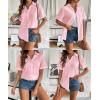 imageZeagoo Women Linen Button Down Shirt Rolled Cuffed Short Sleeve Blouse Ladies Summer Casual V Neck Beach Cotton TopsEsoft Pink