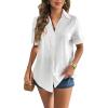 imageZeagoo Women Linen Button Down Shirt Rolled Cuffed Short Sleeve Blouse Ladies Summer Casual V Neck Beach Cotton TopsAawhite