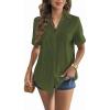 imageZeagoo Women Linen Button Down Shirt Rolled Cuffed Short Sleeve Blouse Ladies Summer Casual V Neck Beach Cotton TopsArmy Green