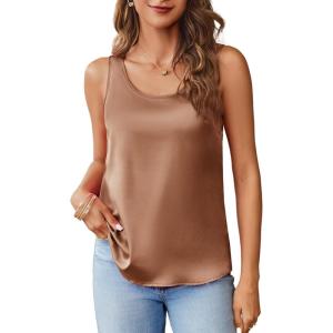 imageZeagoo Silk Satin Tank Tops for Women Scoop Neck Sleeveless Camisole Tops 2025 Summer Basic BlousesLight Brown