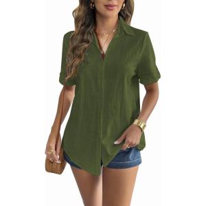 imageZeagoo Women Linen Button Down Shirt Rolled Cuffed Short Sleeve Blouse Ladies Summer Casual V Neck Beach Cotton TopsArmy Green