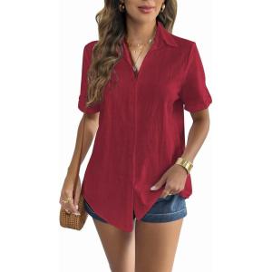 imageZeagoo Women Linen Button Down Shirt Rolled Cuffed Short Sleeve Blouse Ladies Summer Casual V Neck Beach Cotton TopsBordeaux Red