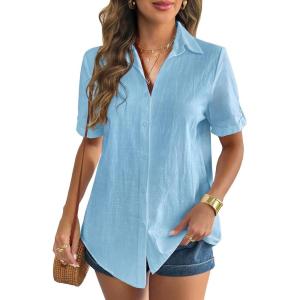 imageZeagoo Women Linen Button Down Shirt Rolled Cuffed Short Sleeve Blouse Ladies Summer Casual V Neck Beach Cotton TopsCsea Blue