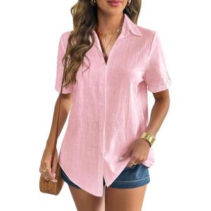 imageZeagoo Women Linen Button Down Shirt Rolled Cuffed Short Sleeve Blouse Ladies Summer Casual V Neck Beach Cotton TopsEsoft Pink