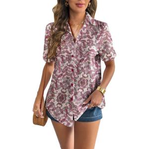 imageZeagoo Women Linen Button Down Shirt Rolled Cuffed Short Sleeve Blouse Ladies Summer Casual V Neck Beach Cotton TopsFfolksy Paisley Pink