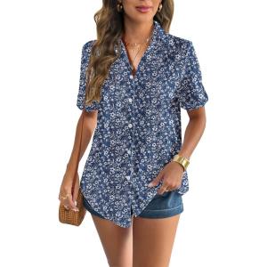 imageZeagoo Women Linen Button Down Shirt Rolled Cuffed Short Sleeve Blouse Ladies Summer Casual V Neck Beach Cotton TopsFloral Blue