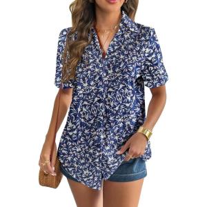 imageZeagoo Women Linen Button Down Shirt Rolled Cuffed Short Sleeve Blouse Ladies Summer Casual V Neck Beach Cotton TopsGtropical Navy
