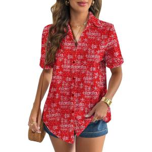 imageZeagoo Women Linen Button Down Shirt Rolled Cuffed Short Sleeve Blouse Ladies Summer Casual V Neck Beach Cotton TopsHboho Floral Red