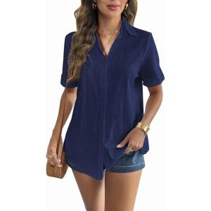 imageZeagoo Women Linen Button Down Shirt Rolled Cuffed Short Sleeve Blouse Ladies Summer Casual V Neck Beach Cotton TopsNavy
