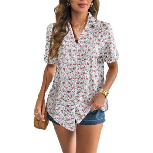 imageZeagoo Women Linen Button Down Shirt Rolled Cuffed Short Sleeve Blouse Ladies Summer Casual V Neck Beach Cotton TopsSummer Floral Red