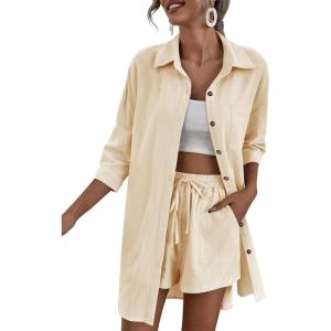 imageZeagoo Womens 2 Piece Lounge Tracksuit Outfit Sets Cotton Linen High Low Shirt and Drawstring Casual Shorts Set01khaki