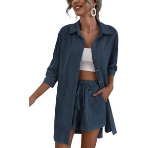 imageZeagoo Womens 2 Piece Lounge Tracksuit Outfit Sets Cotton Linen High Low Shirt and Drawstring Casual Shorts Set02navy Blue