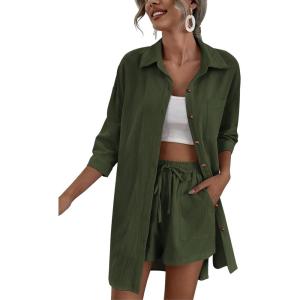 imageZeagoo Womens 2 Piece Lounge Tracksuit Outfit Sets Cotton Linen High Low Shirt and Drawstring Casual Shorts Set03army Green