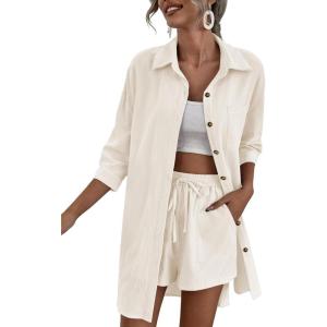 imageZeagoo Womens 2 Piece Lounge Tracksuit Outfit Sets Cotton Linen High Low Shirt and Drawstring Casual Shorts Set04white