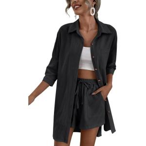 imageZeagoo Womens 2 Piece Lounge Tracksuit Outfit Sets Cotton Linen High Low Shirt and Drawstring Casual Shorts SetBlack
