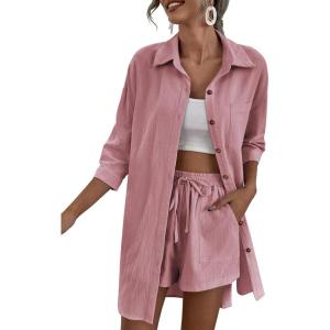 imageZeagoo Womens 2 Piece Lounge Tracksuit Outfit Sets Cotton Linen High Low Shirt and Drawstring Casual Shorts SetDark Pink