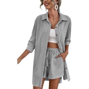 imageZeagoo Womens 2 Piece Lounge Tracksuit Outfit Sets Cotton Linen High Low Shirt and Drawstring Casual Shorts SetLight Gray