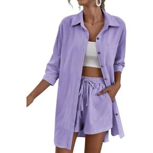 imageZeagoo Womens 2 Piece Lounge Tracksuit Outfit Sets Cotton Linen High Low Shirt and Drawstring Casual Shorts SetLilac Purple