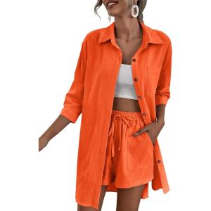 imageZeagoo Womens 2 Piece Lounge Tracksuit Outfit Sets Cotton Linen High Low Shirt and Drawstring Casual Shorts SetOrange