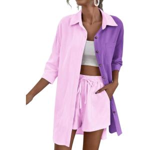 imageZeagoo Womens 2 Piece Lounge Tracksuit Outfit Sets Cotton Linen High Low Shirt and Drawstring Casual Shorts SetPinkpurple