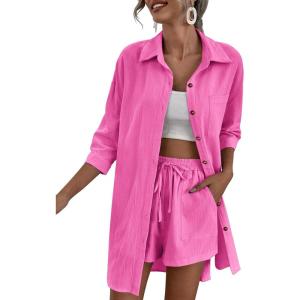 imageZeagoo Womens 2 Piece Lounge Tracksuit Outfit Sets Cotton Linen High Low Shirt and Drawstring Casual Shorts SetRose Red
