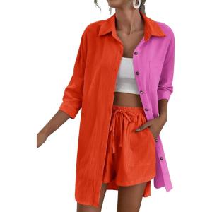 imageZeagoo Womens 2 Piece Lounge Tracksuit Outfit Sets Cotton Linen High Low Shirt and Drawstring Casual Shorts SetRose Redorange