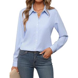 imageZeagoo Womens Button Down Shirt Long Sleeve ClassicFit Dress Shirts Solid Work Office BlouseStriped Blue