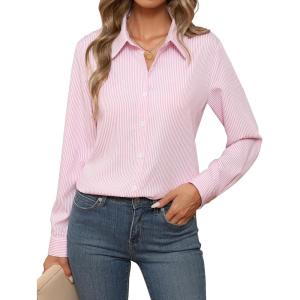 imageZeagoo Womens Button Down Shirt Long Sleeve ClassicFit Dress Shirts Solid Work Office BlouseStriped Pink