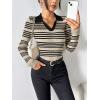 imageZeagoo Womens 2024 Sweater Tops Long Sleeve V Neck Ribbed Knit Slim Fitted Casual Work Basic Shirts SXXLBeige Black Stripe